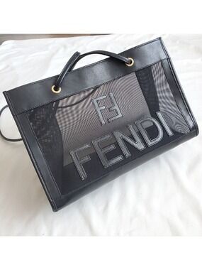 Vintage Fendi 80s Net Mesh Logo Tote Bag Black Leather